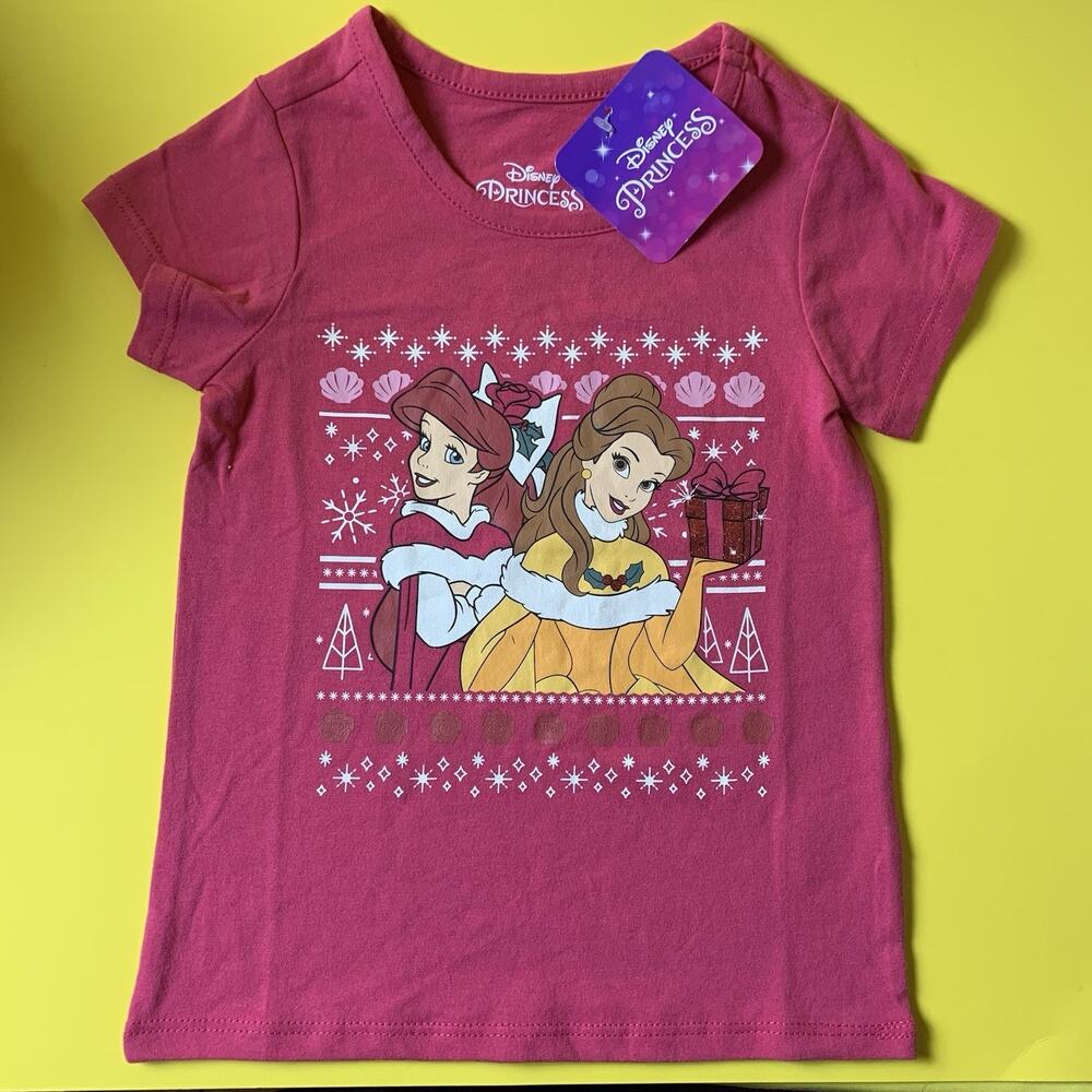 DISNEY PRINCESS ARIEL BELLE PINK CHRISTMAS T-SHIRT SHIRT TODDLER GIRLS SIZE 4T